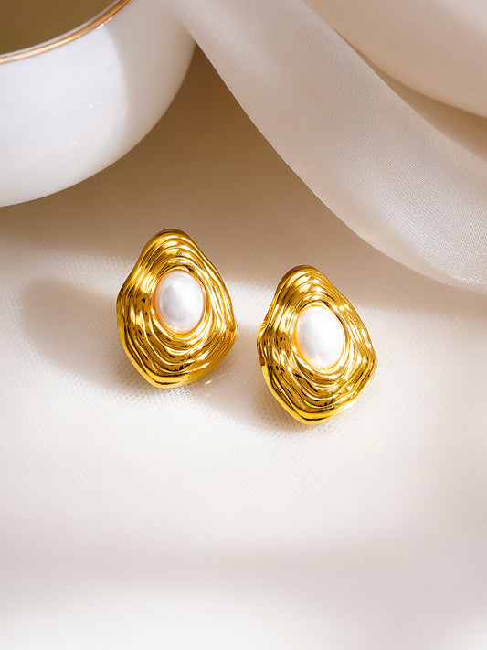 Demi Fine 18K Gold Plated Stainless Steel Abstract Pearl Stud Earrings フリーサイズ