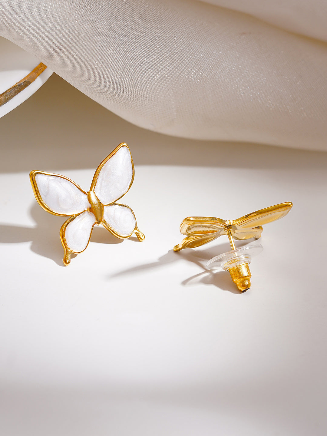 Demi Fine 18K Gold Plated Stainless steel White Butterfly Charm Studs Earrings Length - 1.7 cm