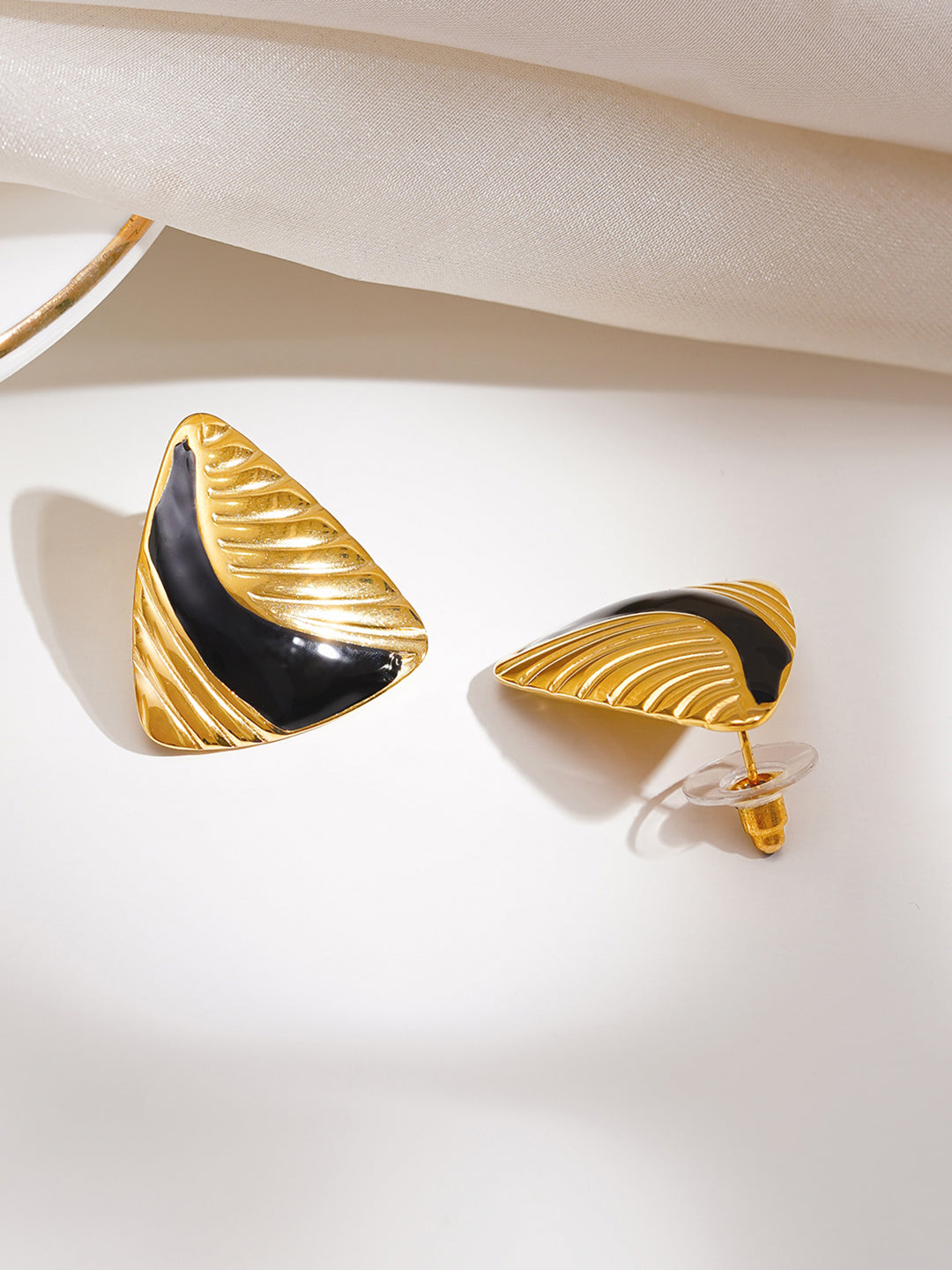 Demi Fine 18K Gold Plated Stainless steel Black & Gold Sculpted Studs Earrings Length - 2.5 cm