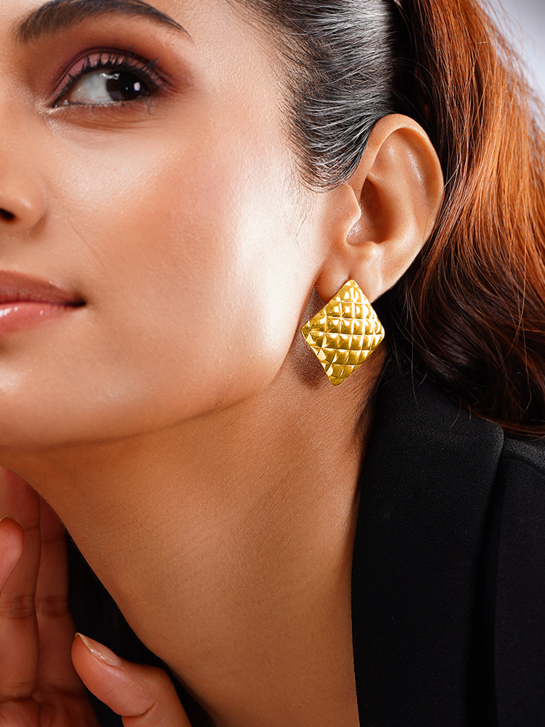 Demi Fine 18K Gold Plated Stainless steel Golden Quilt Stud Earrings Length - 3 cm