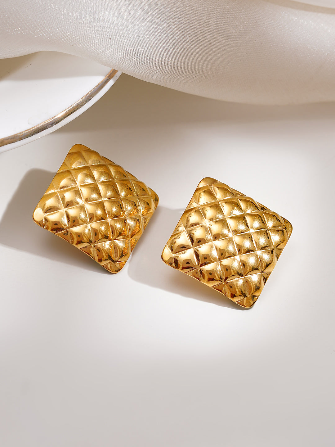 Demi Fine 18K Gold Plated Stainless steel Golden Quilt Stud Earrings Length - 3 cm