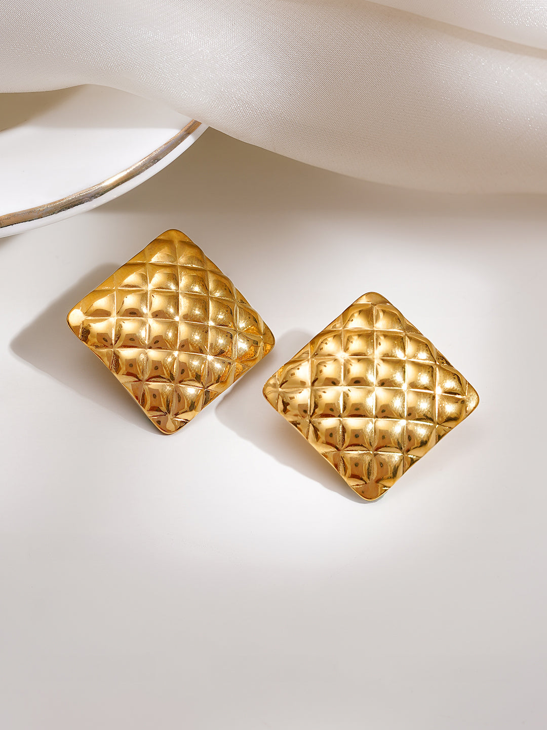 Demi Fine 18K Gold Plated Stainless steel Golden Quilt Stud Earrings Length - 3 cm