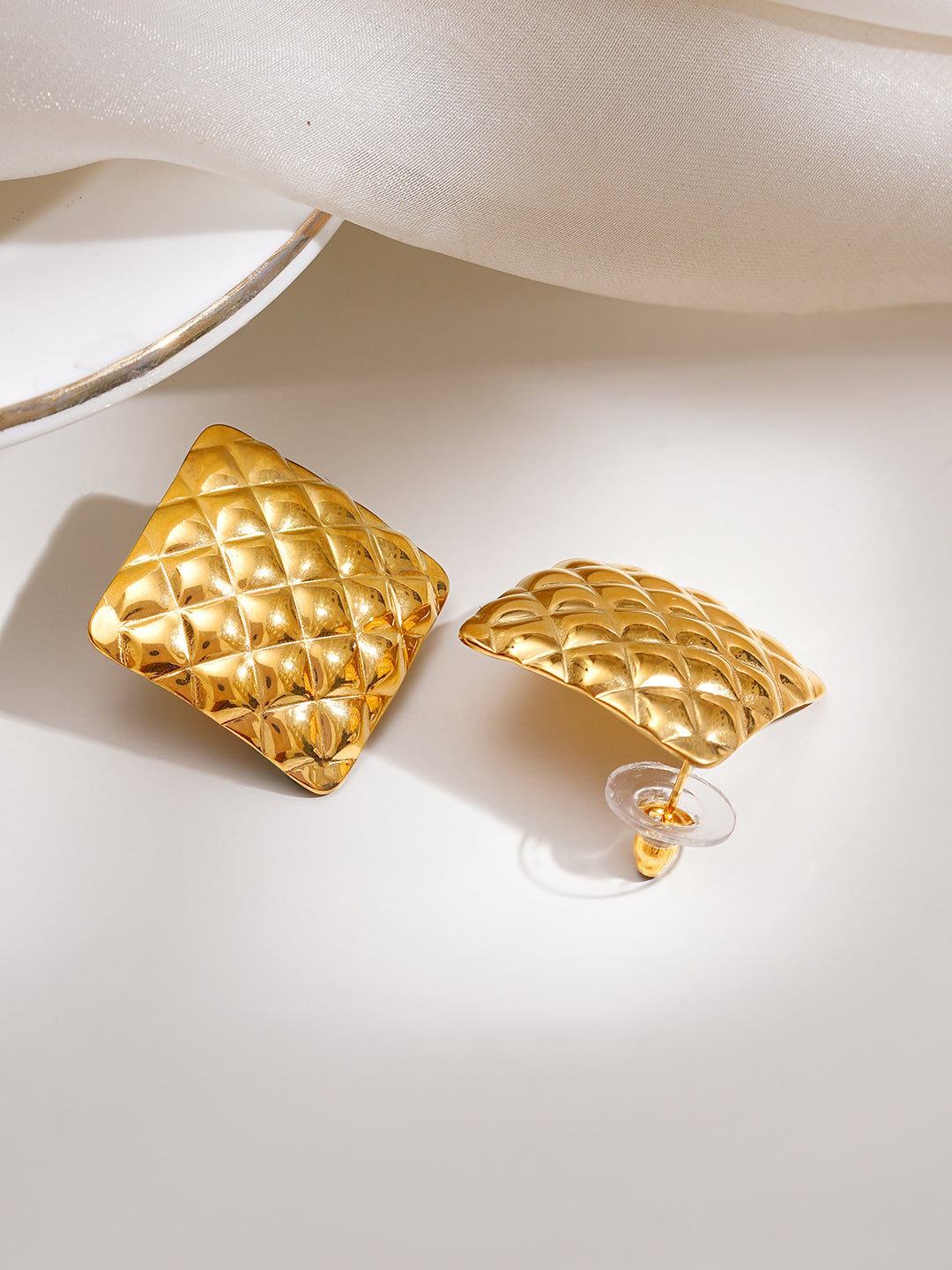 Demi Fine 18K Gold Plated Stainless steel Golden Quilt Stud Earrings Length - 3 cm