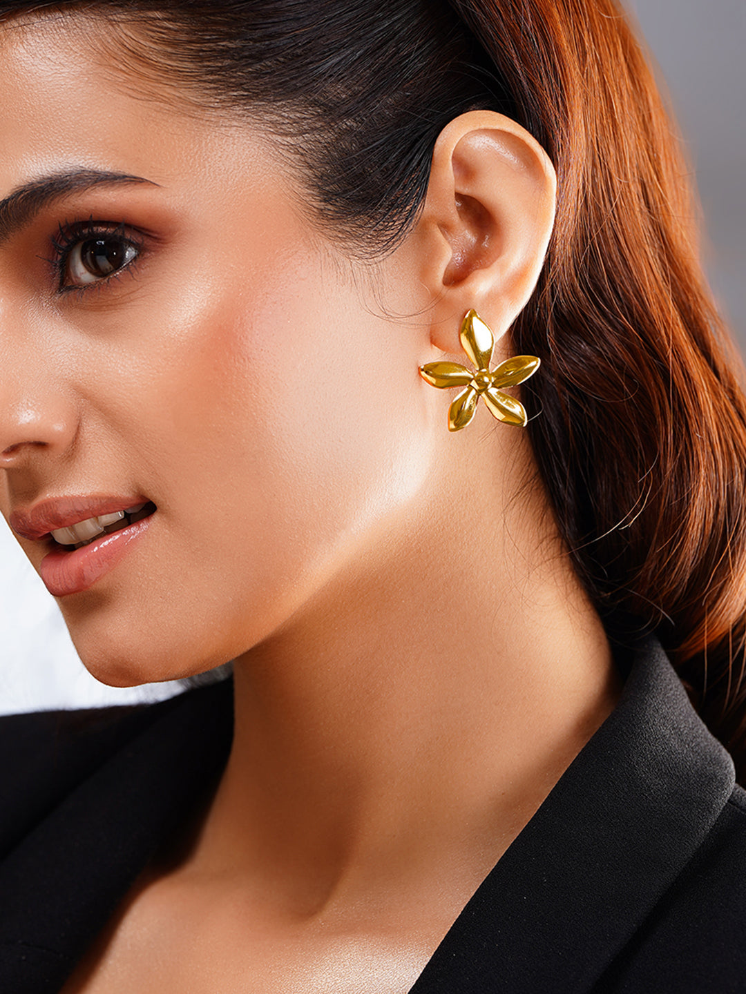 Demi Fine 18K Gold Plated Stainless steel Flower Petal Statement Stud Earrings Length - 3.3 cm