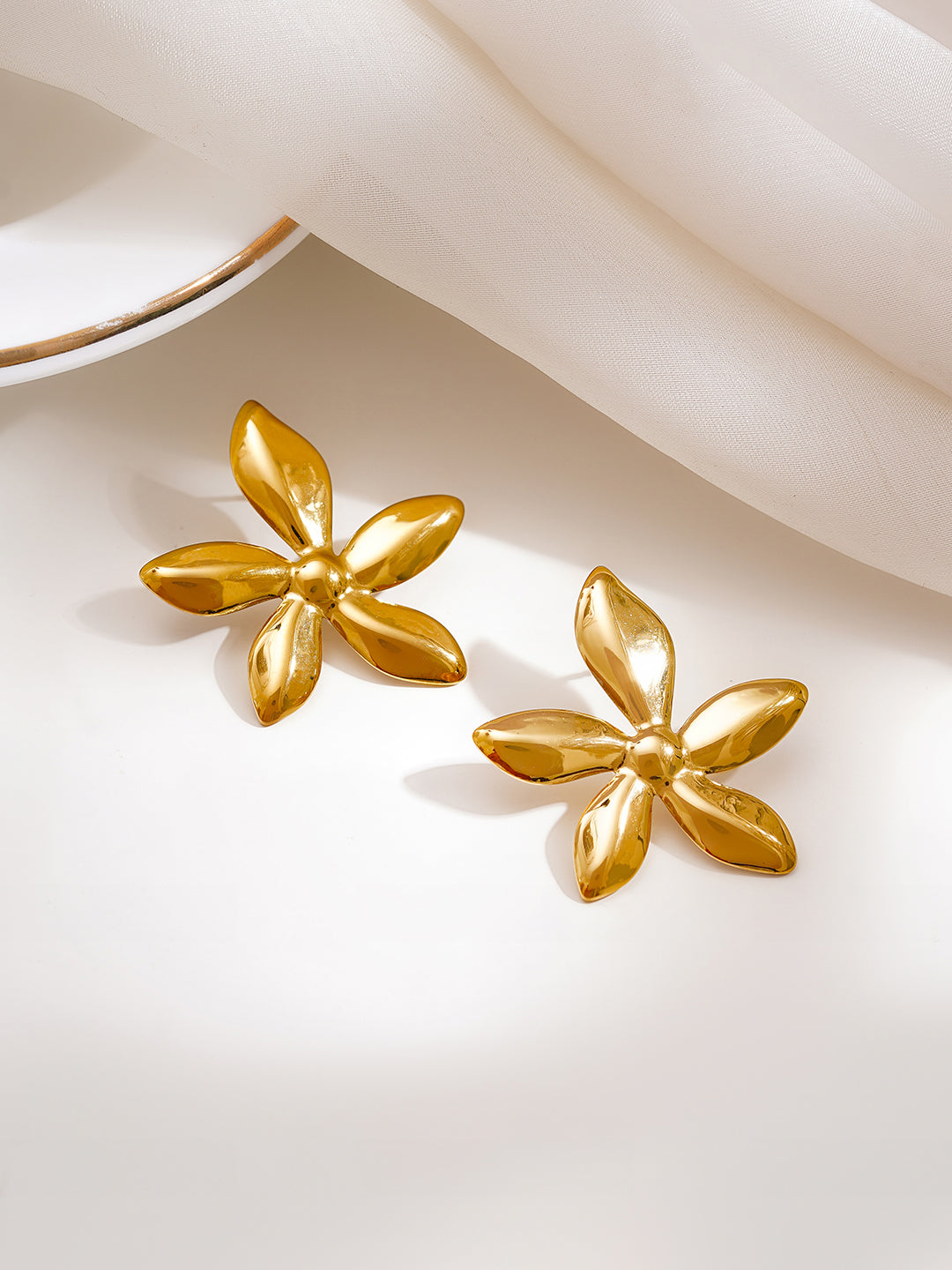 Demi Fine 18K Gold Plated Stainless steel Flower Petal Statement Stud Earrings Length - 3.3 cm
