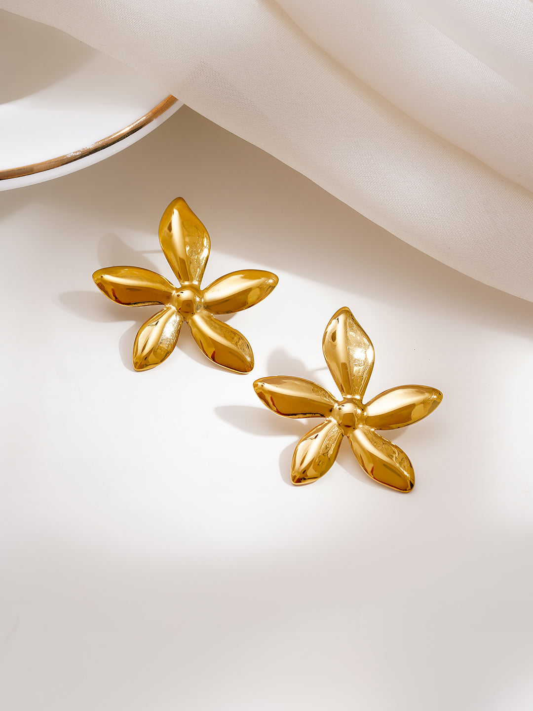 Demi Fine 18K Gold Plated Stainless steel Flower Petal Statement Stud Earrings Length - 3.3 cm