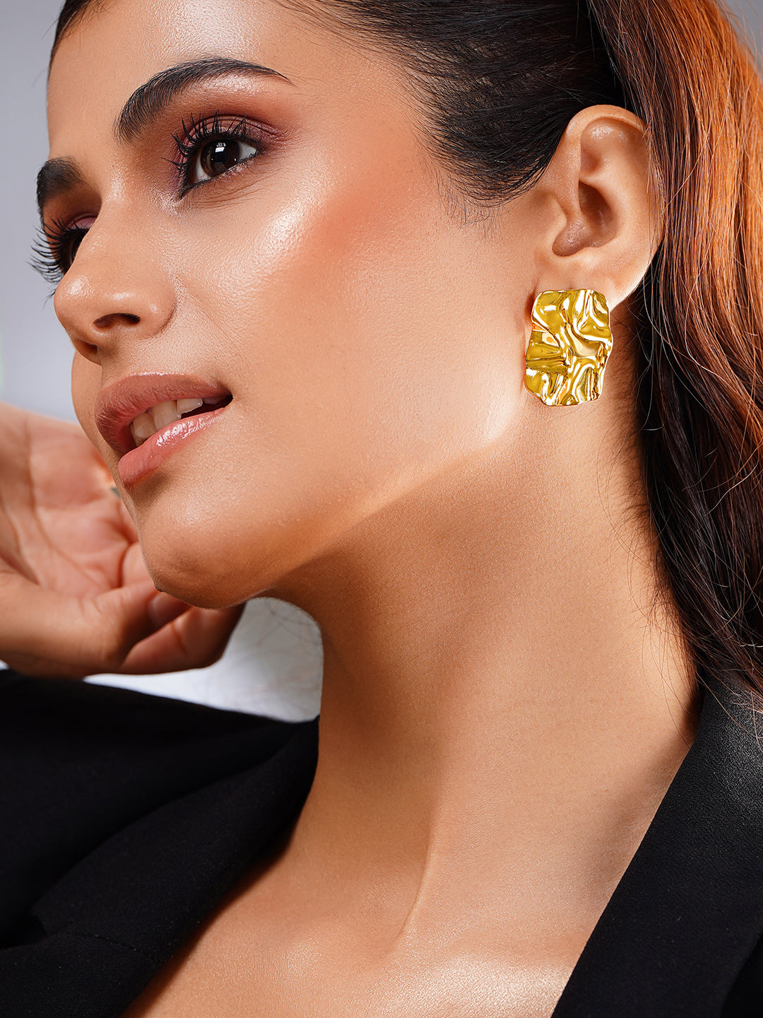 Demi Fine 18K Gold Plated Stainless steel Golden Crush Statement Studs Earrings Length - 3 cm