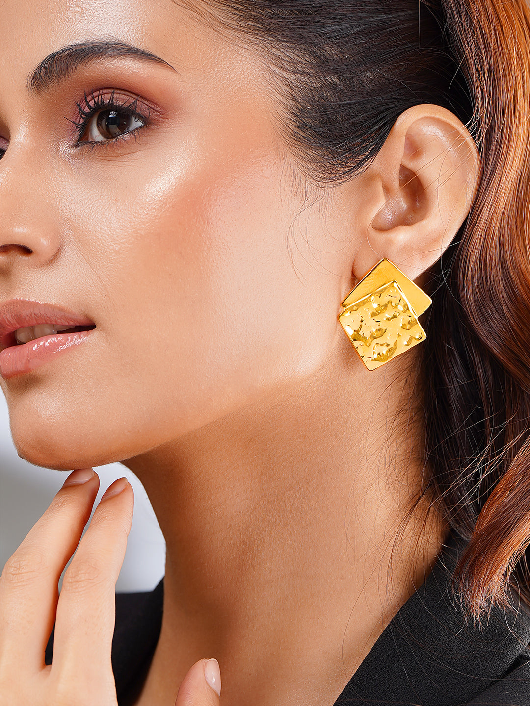Demi Fine 18K Gold Plated Stainless steel Dual Square Statement Studs Length - 3.6 cm