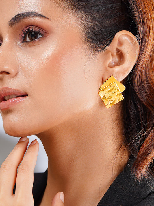Demi Fine 18K Gold Plated Stainless steel Dual Square Statement Studs Length - 3.6 cm