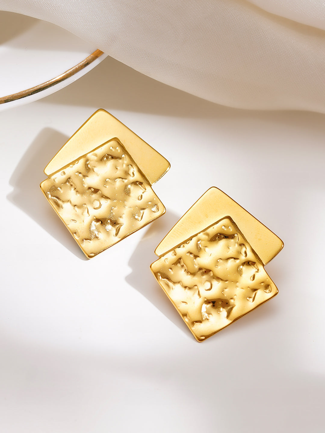 Demi Fine 18K Gold Plated Stainless steel Dual Square Statement Studs Length - 3.6 cm