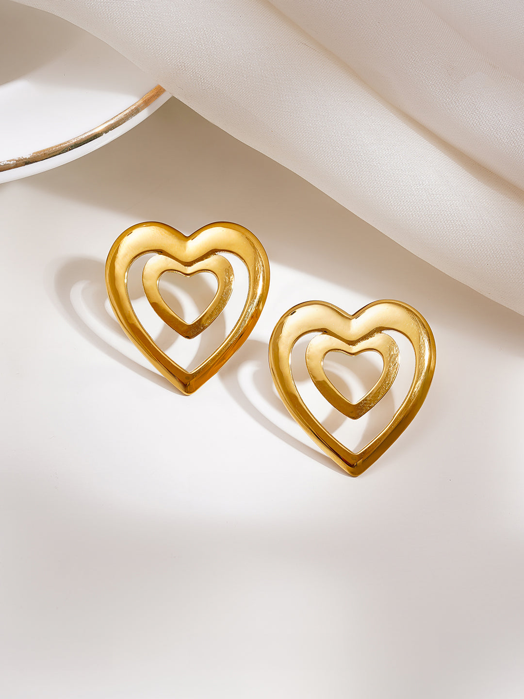 Demi Fine 18K Gold Plated Stainless steel Double Heart Statement Stud Earrings Length - 2.7 cm