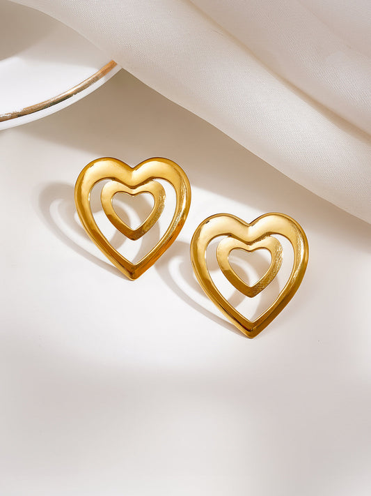 Demi Fine 18K Gold Plated Stainless steel Double Heart Statement Stud Earrings Length - 2.7 cm