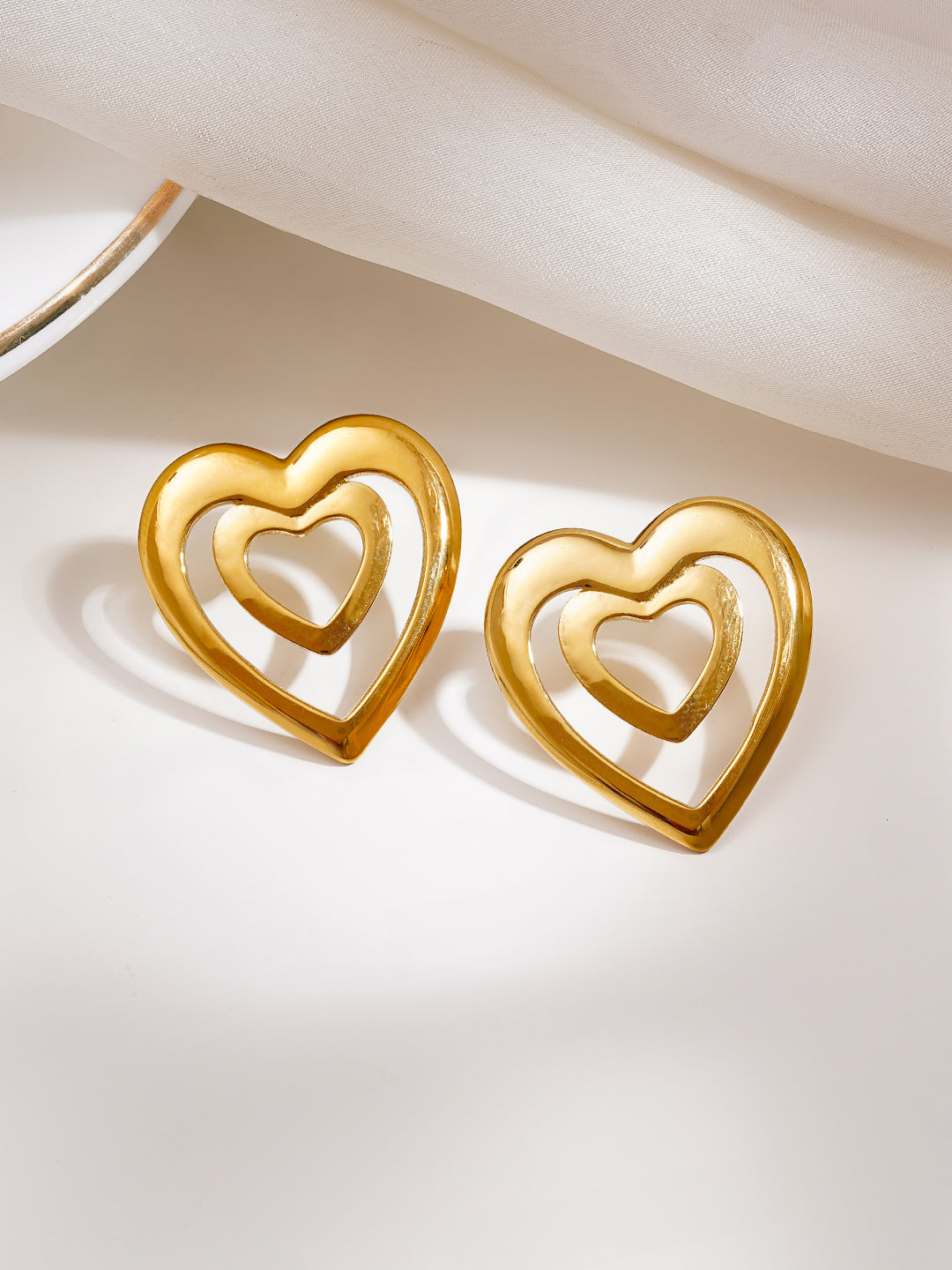Demi Fine 18K Gold Plated Stainless steel Double Heart Statement Stud Earrings Length - 2.7 cm