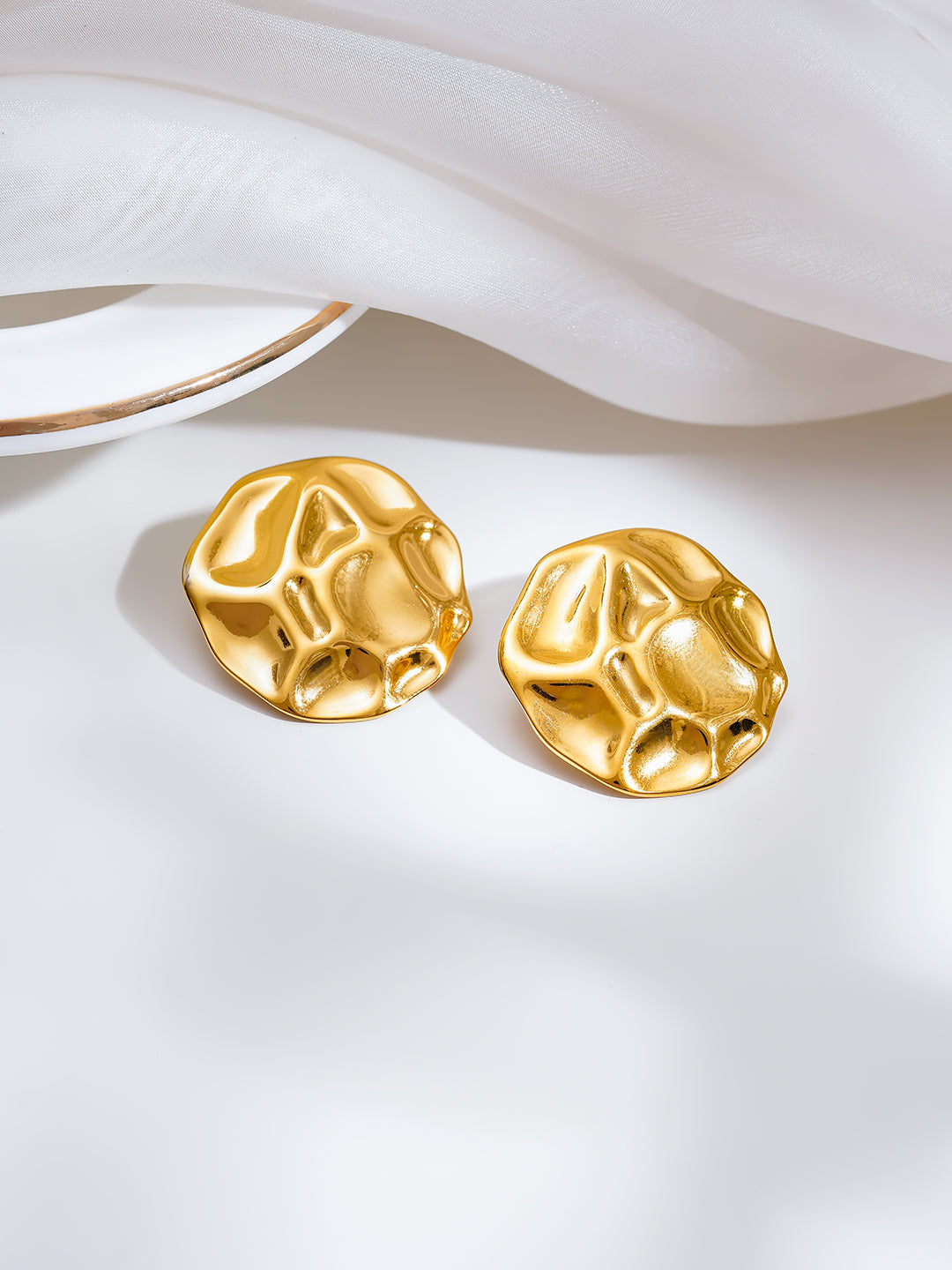 Demi Fine 18K Gold Plated Stainless steel Hammered Crushed Statement Studs Earrings Length - 2.9 cm