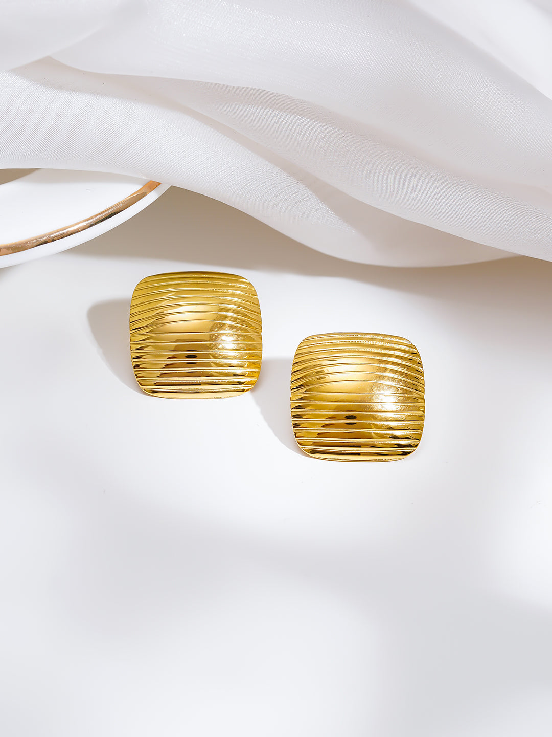 Demi Fine 18K Gold Plated Stainless steel Ribbed Dome Stud Earrings Length - 2.1 cm
