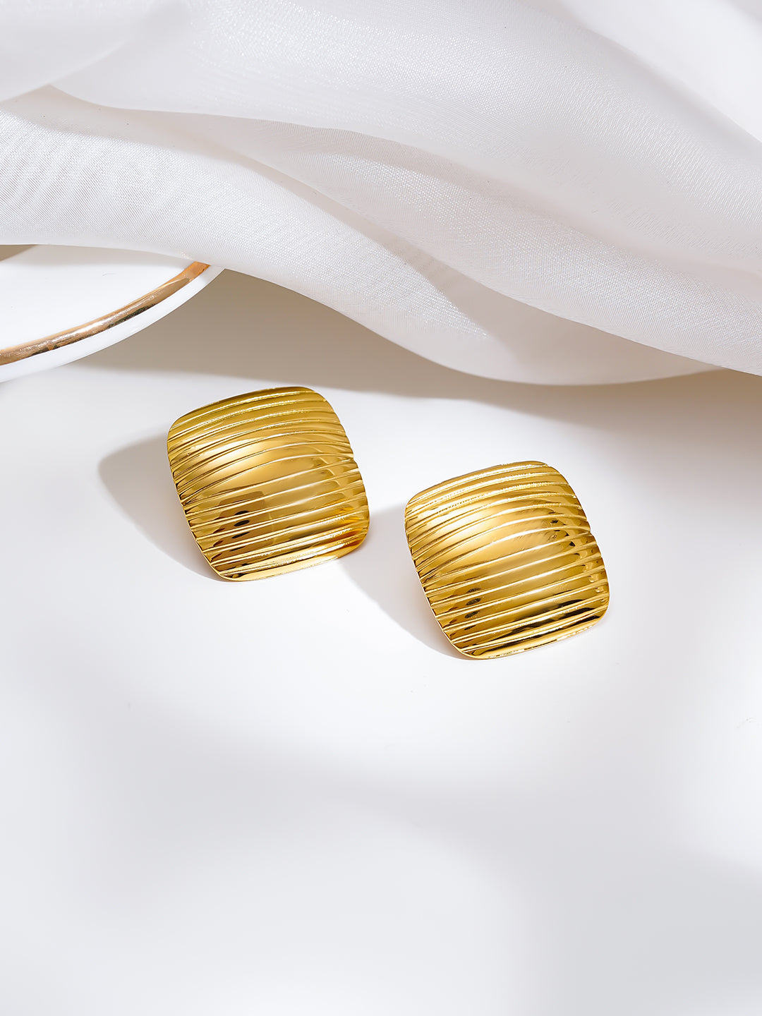 Demi Fine 18K Gold Plated Stainless steel Ribbed Dome Stud Earrings Length - 2.1 cm