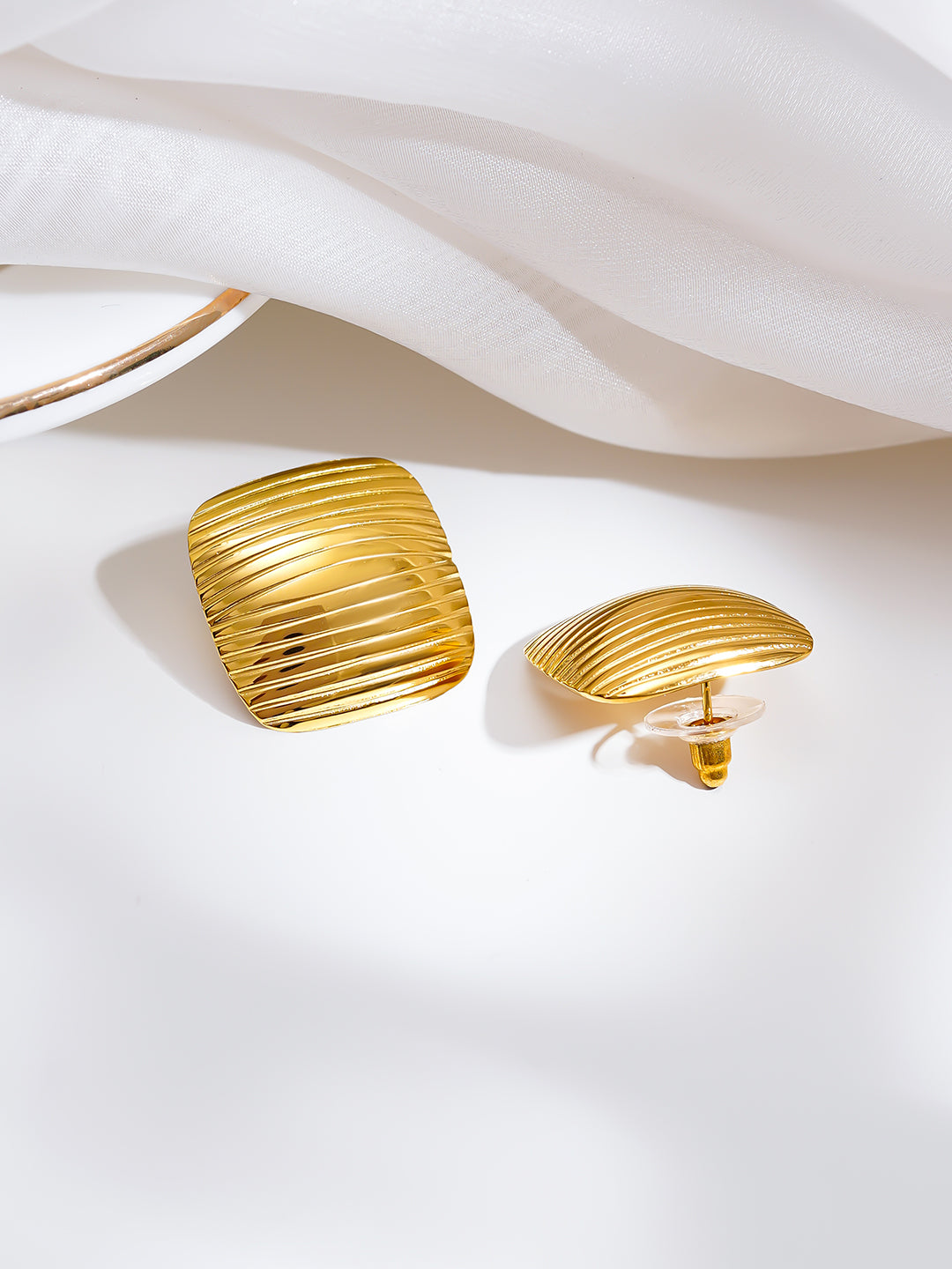 Demi Fine 18K Gold Plated Stainless steel Ribbed Dome Stud Earrings Length - 2.1 cm
