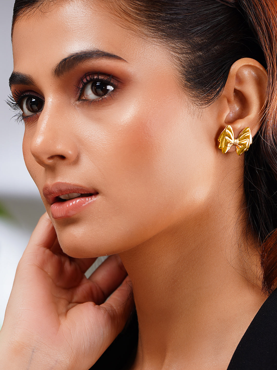 Demi Fine 18K Gold Plated Stainless steel Sweet Bow Stud Earrings Length - 2 cm
