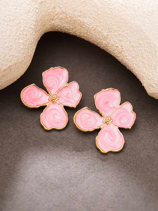 【Rubans】Gold Plated pink four-petal enamel flower stud earrings｜ゴールドメッキ ピンク フォーペタル エナメル フラワー スタッドピアス