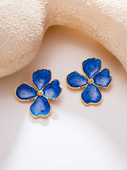 【Rubans】Gold Plated Petal Bloom Blue Enamel Floral Studs｜ゴールドメッキ ペタルブルーム ブルーエナメル フローラル スタッドピアス