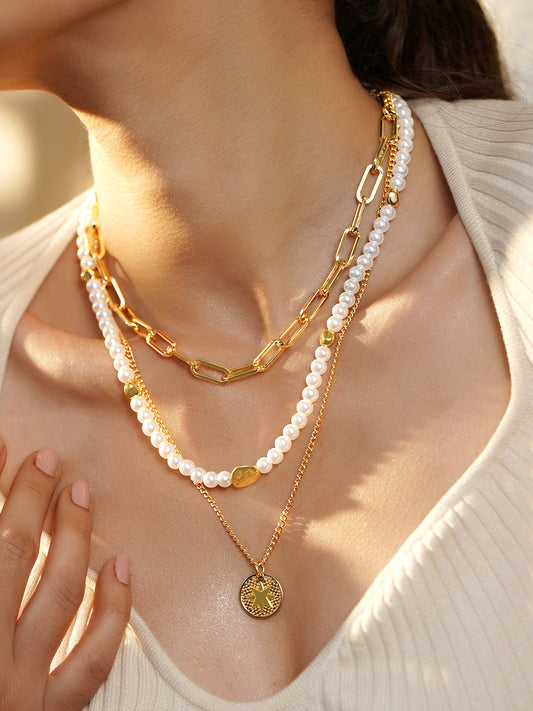 Pearl Beaded Gold Toned Star Motif Necklace フリーサイズ