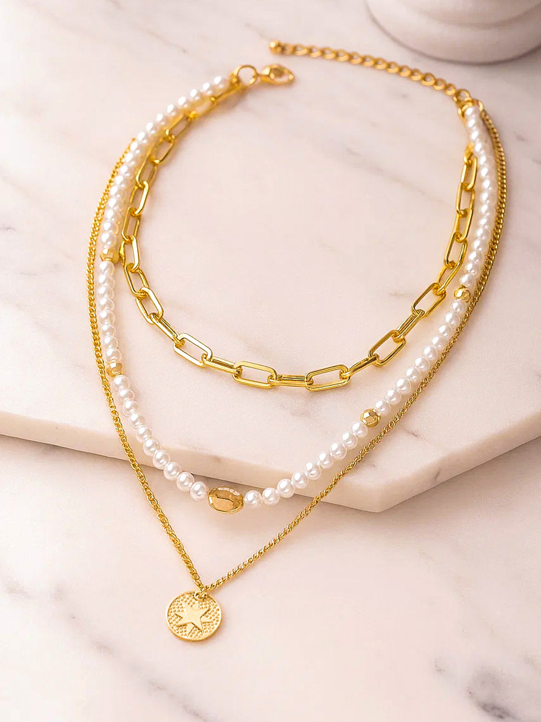 Pearl Beaded Gold Toned Star Motif Necklace フリーサイズ