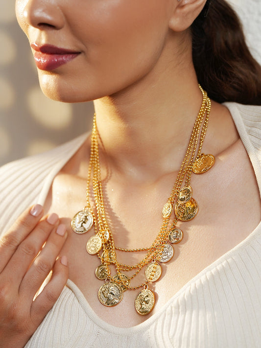 【Rubans】 Gold Beaded Coin Motif Layered Necklace｜ゴールド ビーズ コインモチーフ レイヤード ネックレス