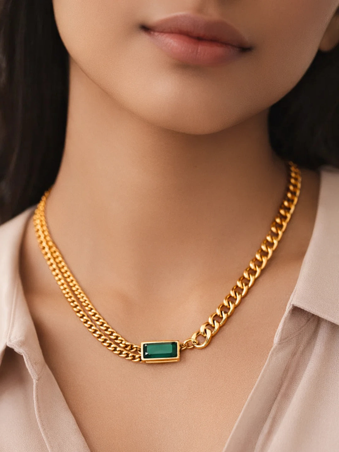 Demi Fine 18K Gold Plated Stainless steel Chunky Curb Chain Emerald Necklace Length - 18.7 cm