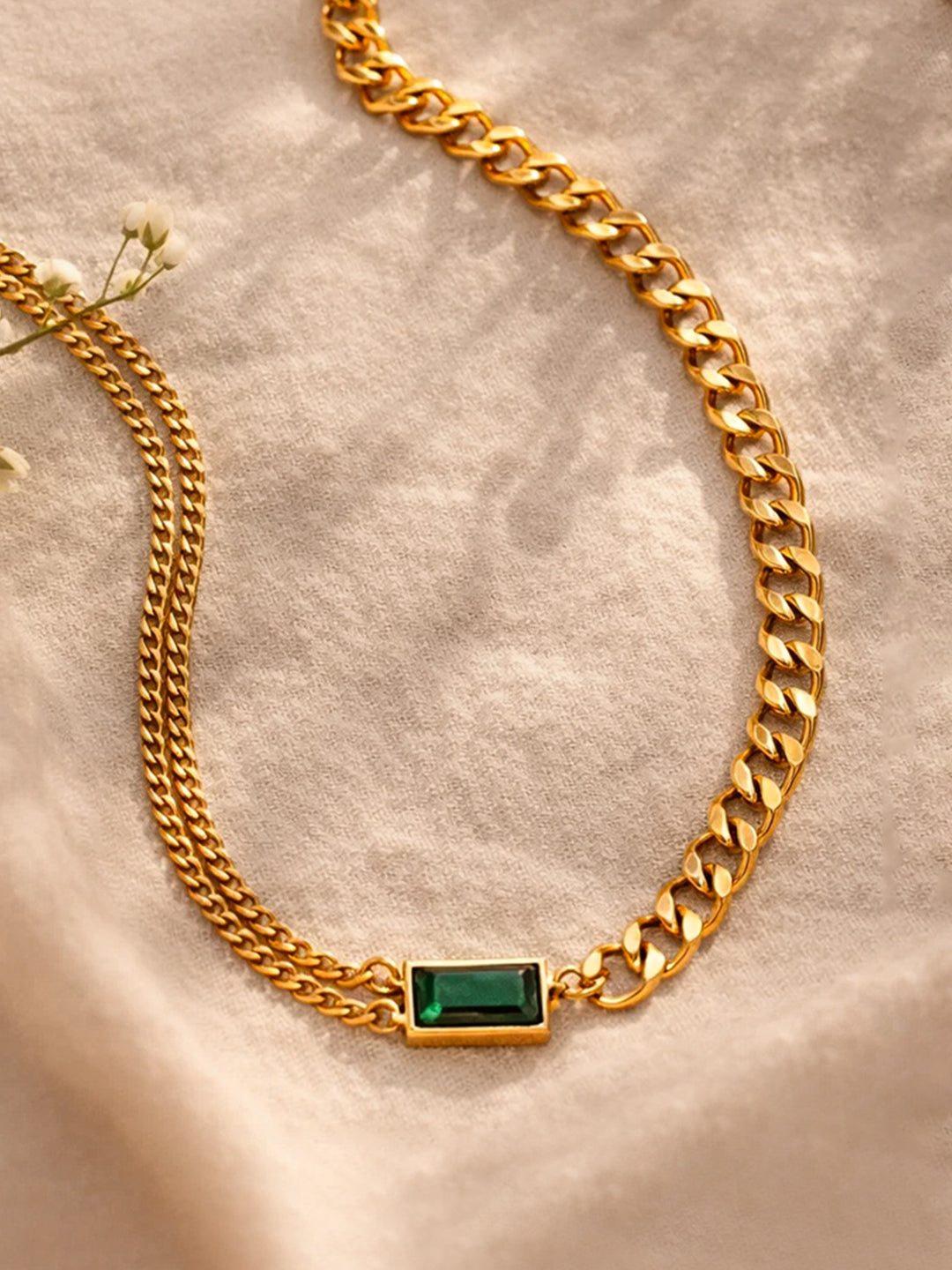 Demi Fine 18K Gold Plated Stainless steel Chunky Curb Chain Emerald Necklace Length - 18.7 cm