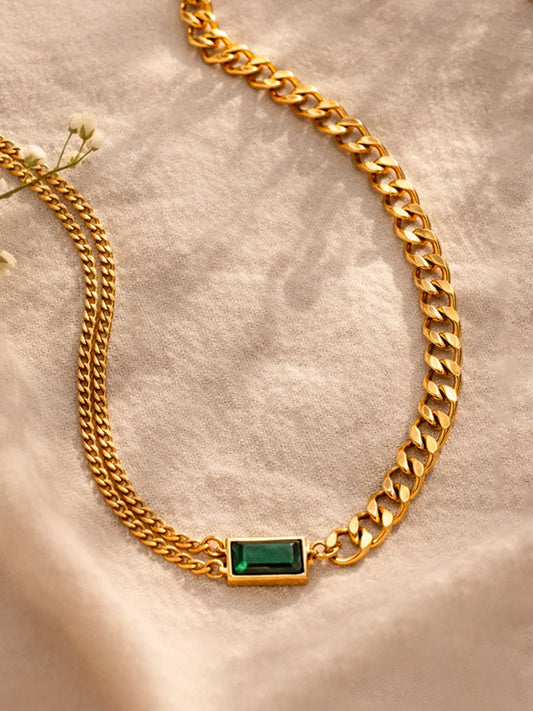 Demi Fine 18K Gold Plated Stainless steel Chunky Curb Chain Emerald Necklace Length - 18.7 cm