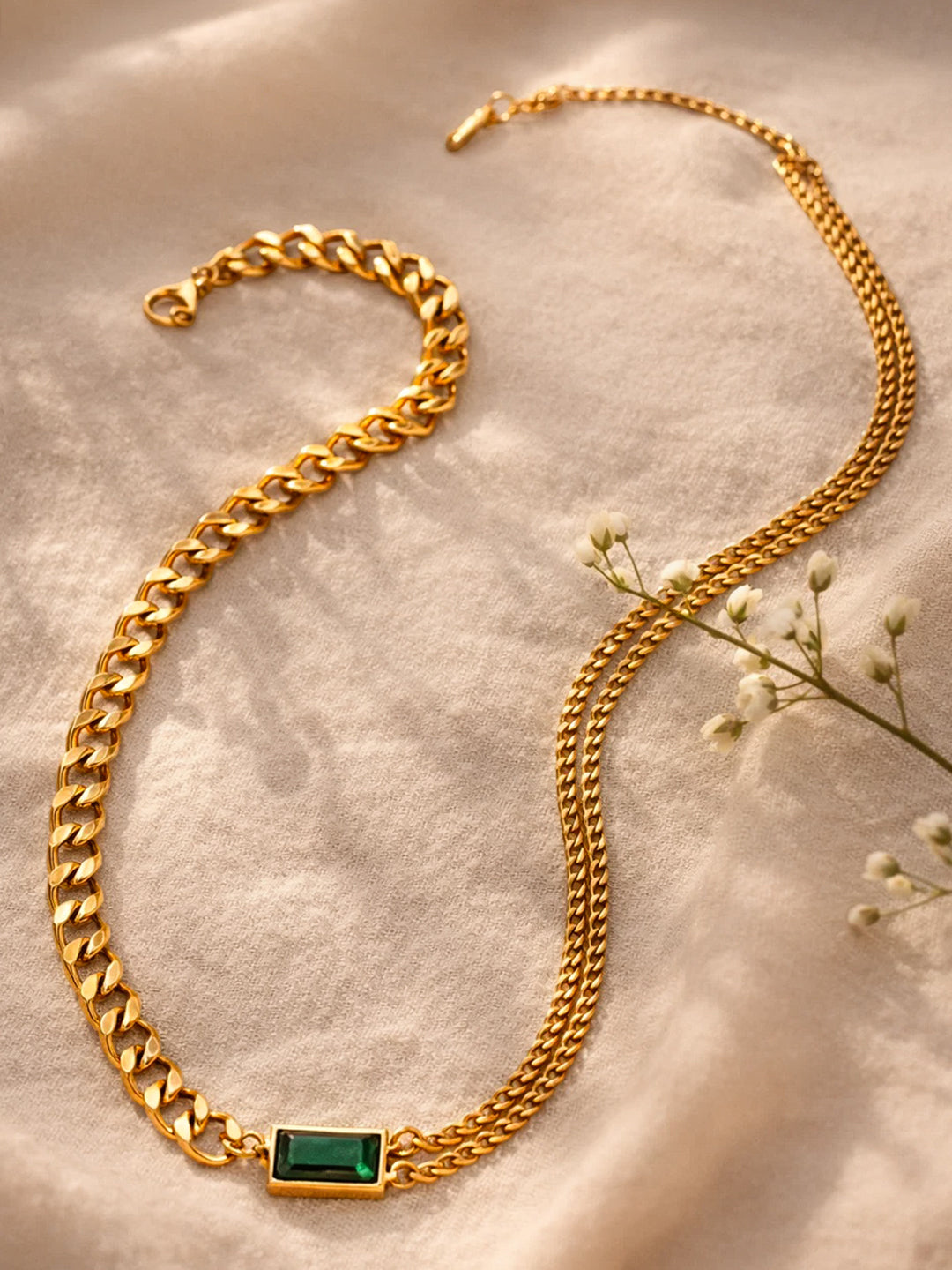 Demi Fine 18K Gold Plated Stainless steel Chunky Curb Chain Emerald Necklace Length - 18.7 cm