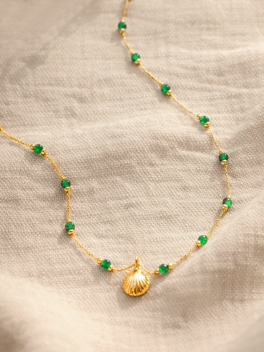 Demi Fine 18K Gold Plated Stainless steel Green Beaded Chain Shell Necklace Length - 21 cm