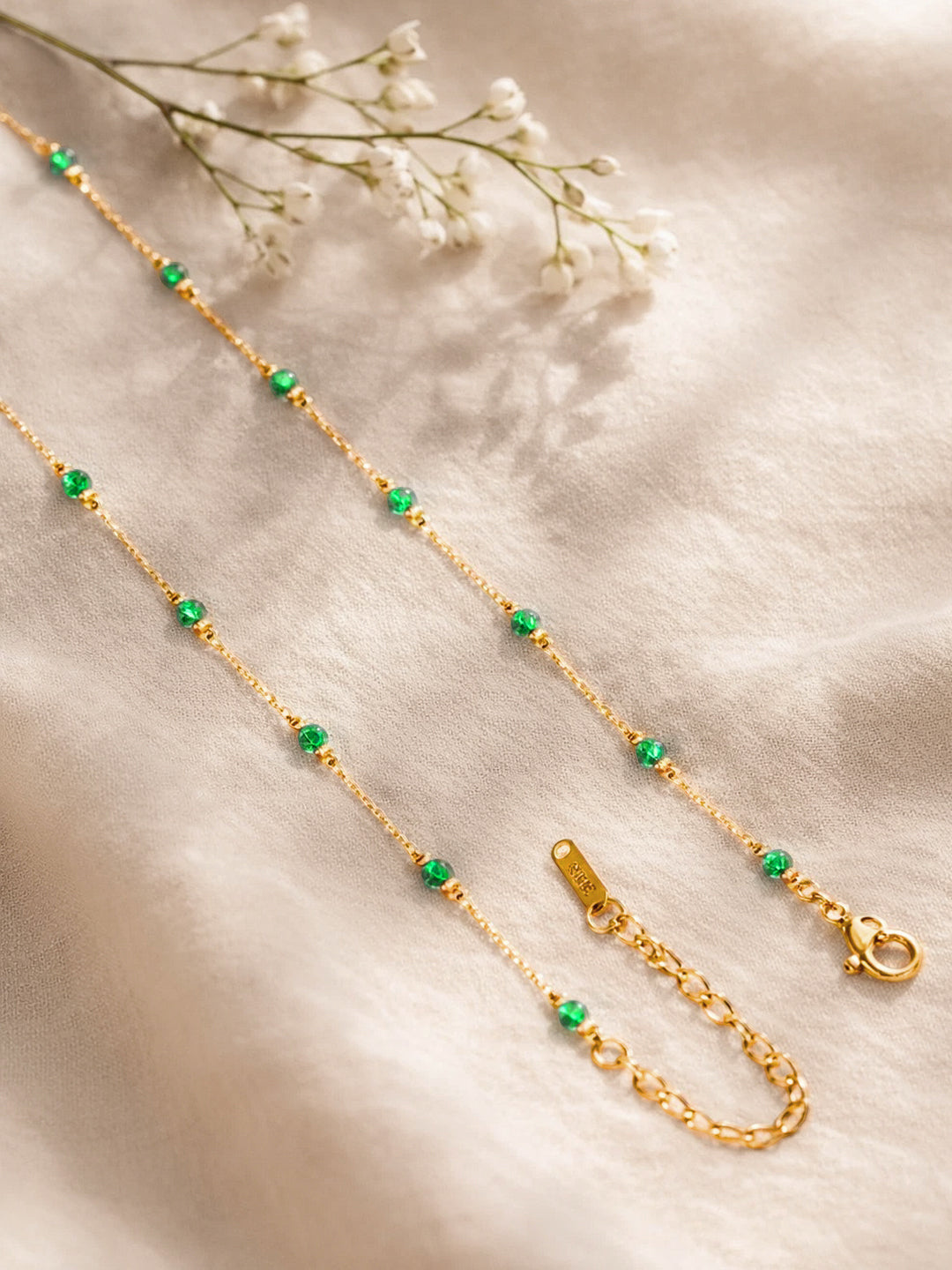 Demi Fine 18K Gold Plated Stainless steel Green Beaded Chain Shell Necklace Length - 21 cm