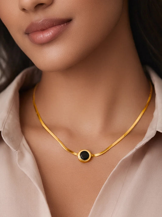 Demi Fine 18K Gold Plated Stainless steel Black Round Pendant Chain Necklace Length - 19.5 cm