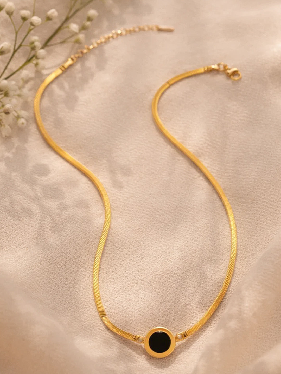 Demi Fine 18K Gold Plated Stainless steel Black Round Pendant Chain Necklace Length - 19.5 cm