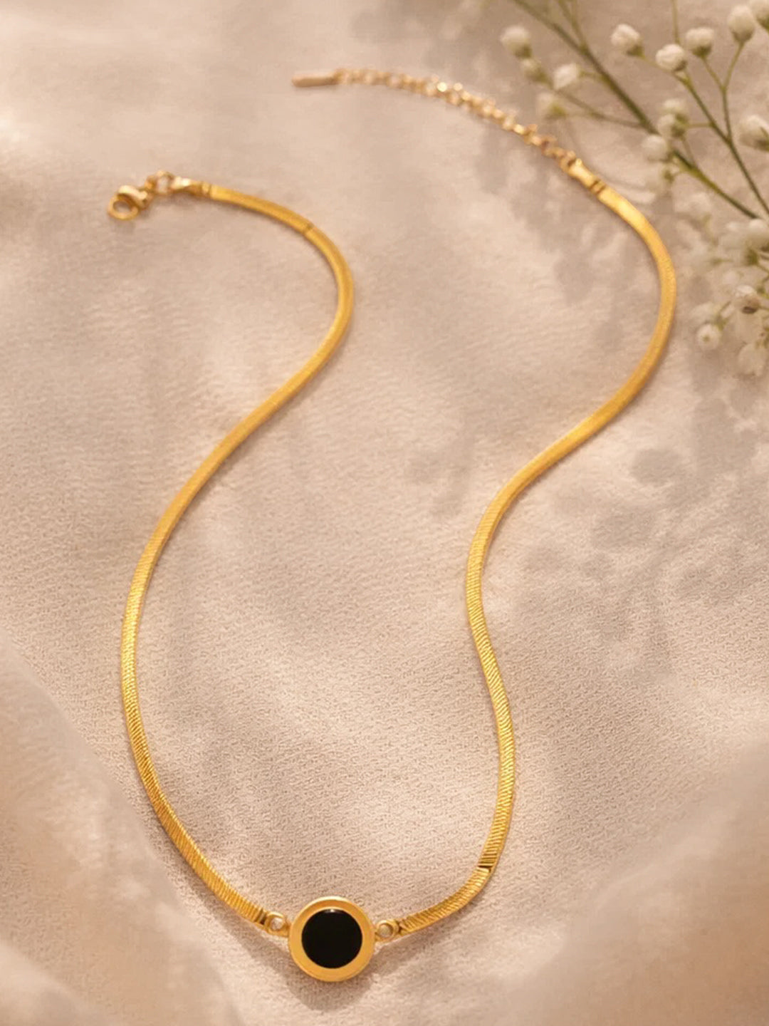 Demi Fine 18K Gold Plated Stainless steel Black Round Pendant Chain Necklace Length - 19.5 cm
