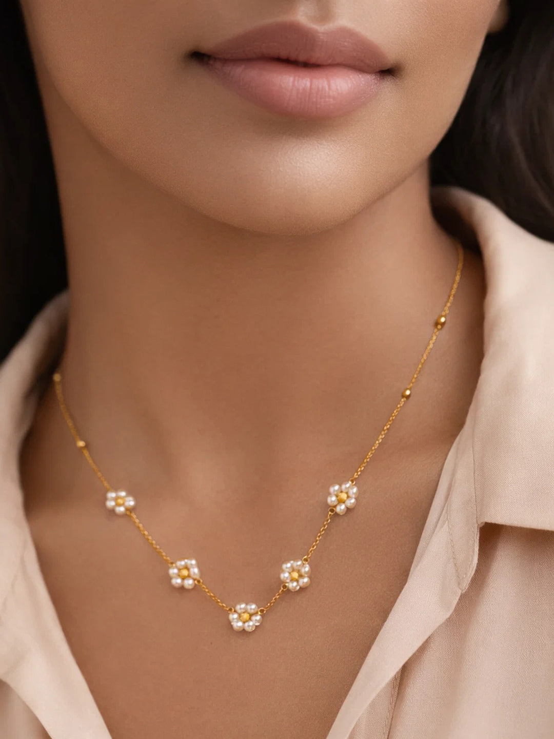 Demi Fine 18K Gold Plated Stainless steel Mini Pearl Flora Charm Chain Necklace Length - 19.5 cm