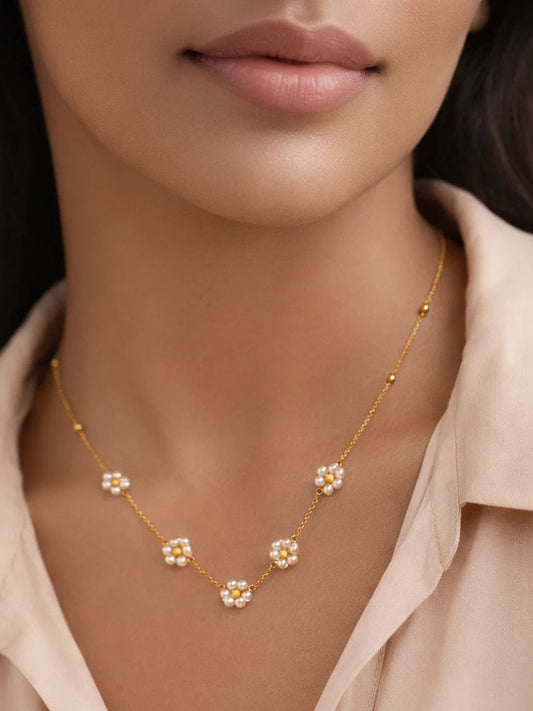 Demi Fine 18K Gold Plated Stainless steel Mini Pearl Flora Charm Chain Necklace Length - 19.5 cm