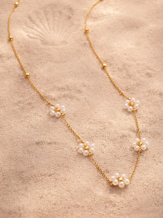 Demi Fine 18K Gold Plated Stainless steel Mini Pearl Flora Charm Chain Necklace Length - 19.5 cm