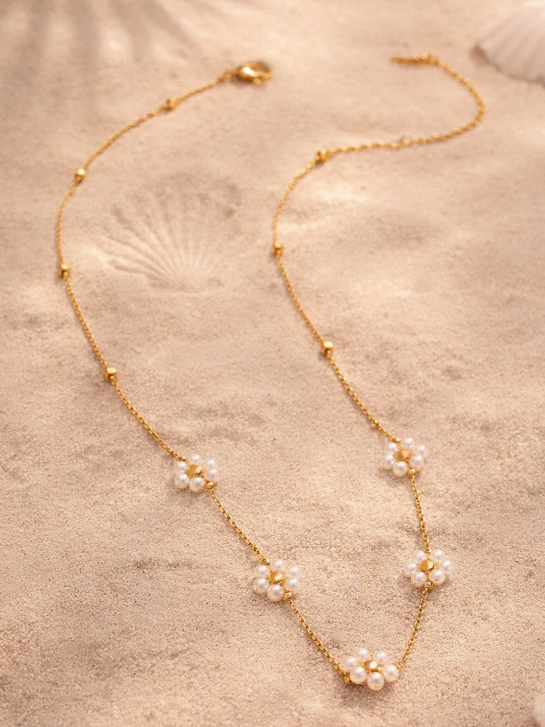 Demi Fine 18K Gold Plated Stainless steel Mini Pearl Flora Charm Chain Necklace Length - 19.5 cm