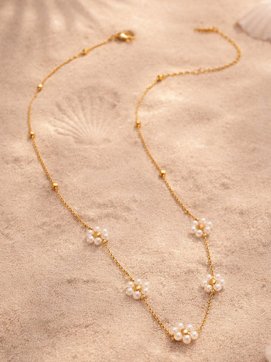 Demi Fine 18K Gold Plated Stainless steel Mini Pearl Flora Charm Chain Necklace Length - 19.5 cm