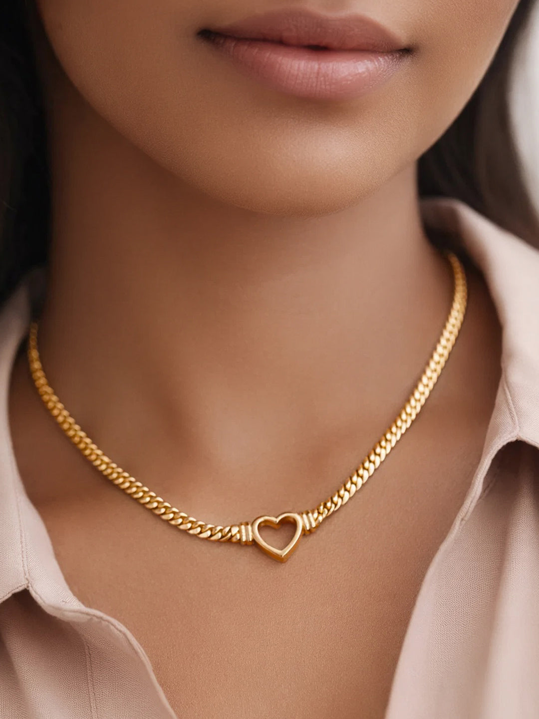 Demi Fine 18K Gold Plated Stainless steel Chunky Curb Chain Open Heart Necklace Length - 18.5 cm