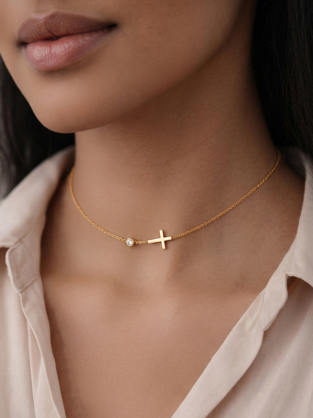 Demi Fine 18K Gold Plated Stainless steel Cross Bar Chain Crystal Necklace Length - 19.8 cm
