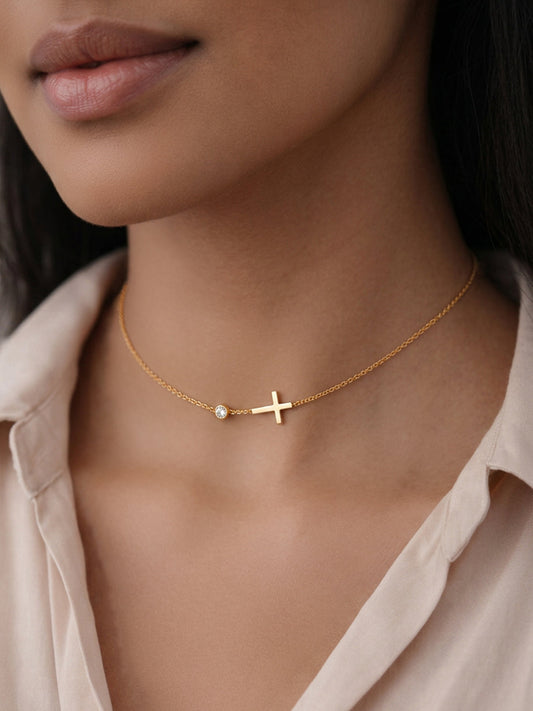 Demi Fine 18K Gold Plated Stainless steel Cross Bar Chain Crystal Necklace Length - 19.8 cm