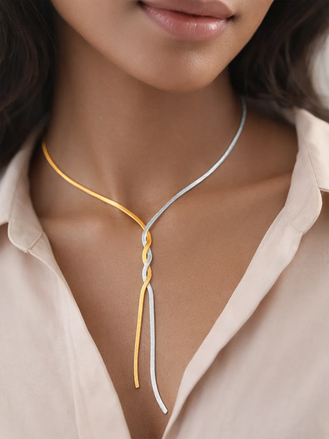Demi Fine Dual Tone Stainless steel Snake Chain Lariat Drop Necklace Length - 35.2 cm