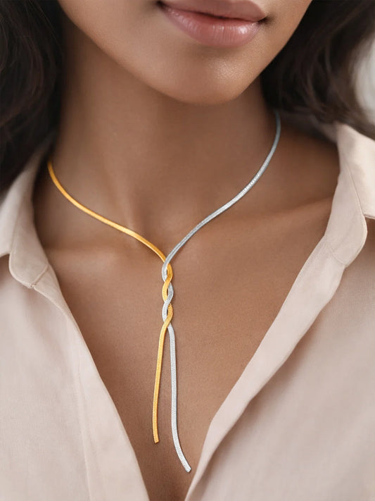 Demi Fine Dual Tone Stainless steel Snake Chain Lariat Drop Necklace Length - 35.2 cm