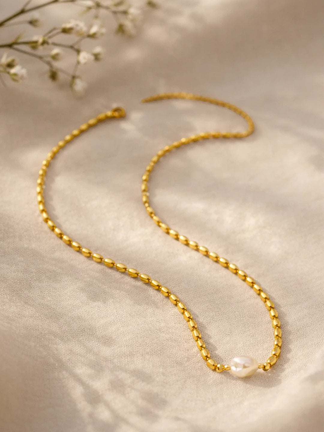 Demi Fine 18K Gold Plated Stainless steel Oval Pearl Chain Necklace Length - 23 cm