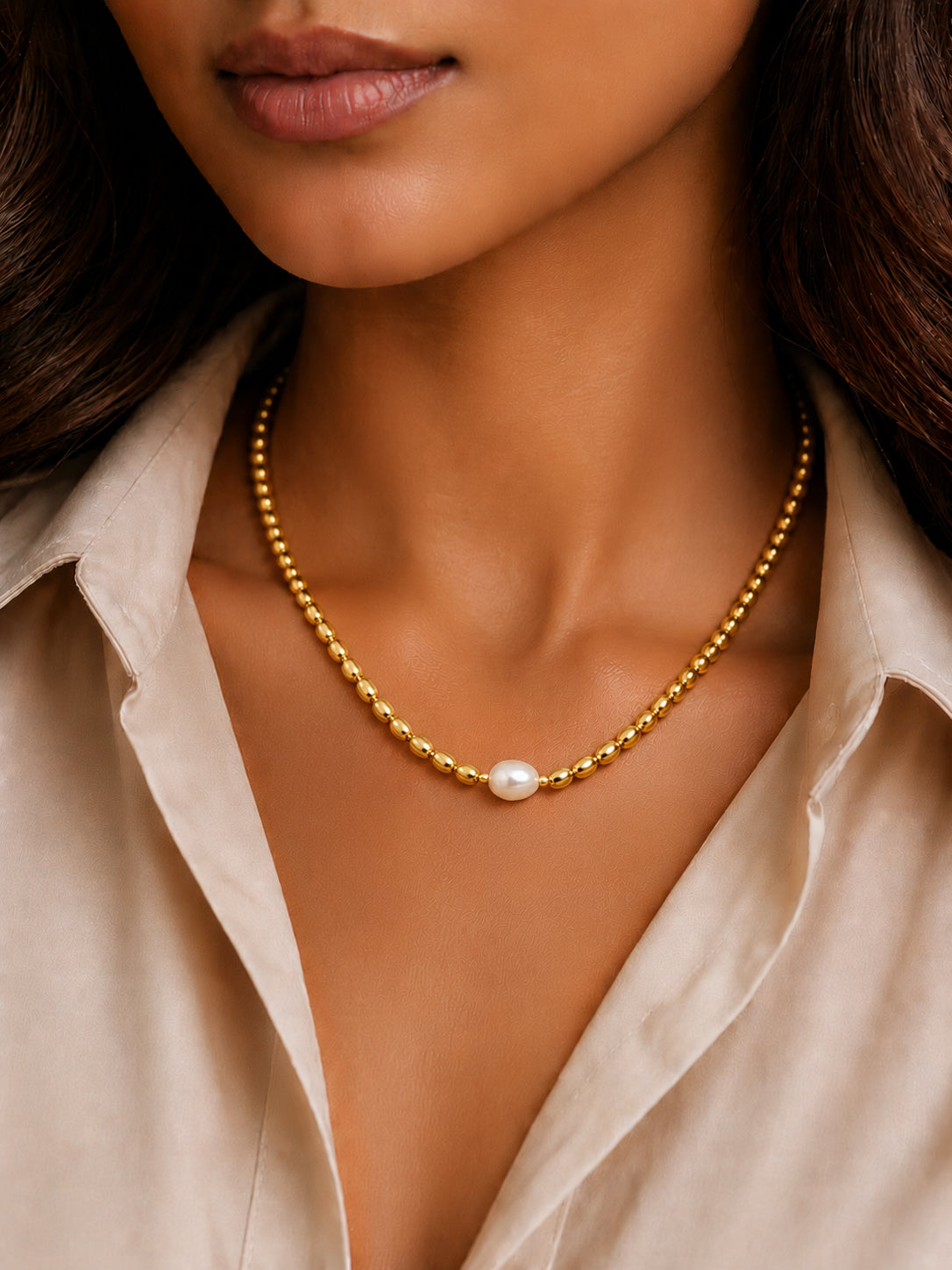 Demi Fine 18K Gold Plated Stainless steel Oval Pearl Chain Necklace Length - 23 cm
