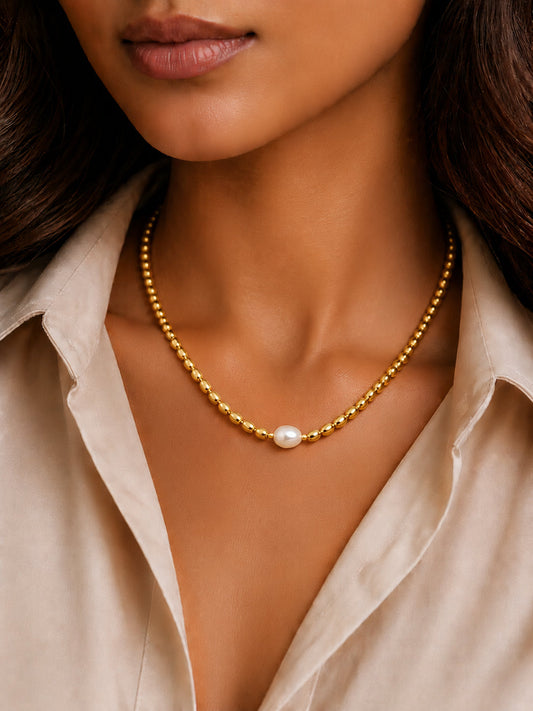 Demi Fine 18K Gold Plated Stainless steel Oval Pearl Chain Necklace Length - 23 cm