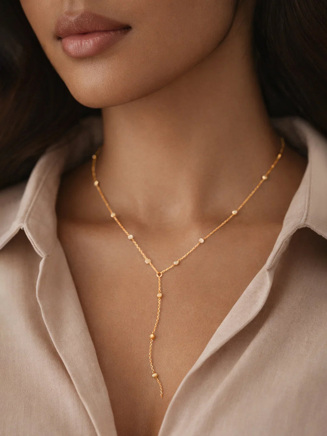Demi Fine 18K Gold Plated Stainless steel Ball Bead Chain Lariat Drop Necklace Length - 40 cm